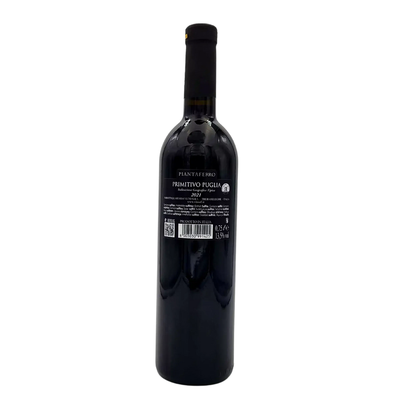Bouteille de vin rouge Primitivo Puglia IGT Piantaferro 75cl, arrière étiquette visible.