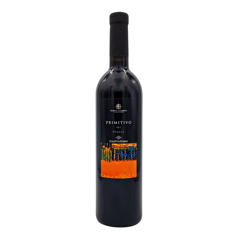 Bouteille de vin rouge Primitivo Puglia IGT Piantaferro de 75cl avec étiquette colorée.