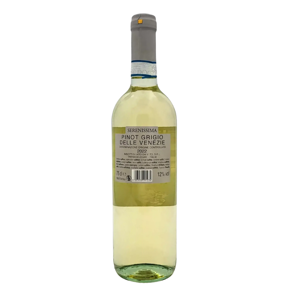 Bottle of Pinot Grigio delle Venezie Serenissima 75cl, dry Italian white wine with a detailed label.