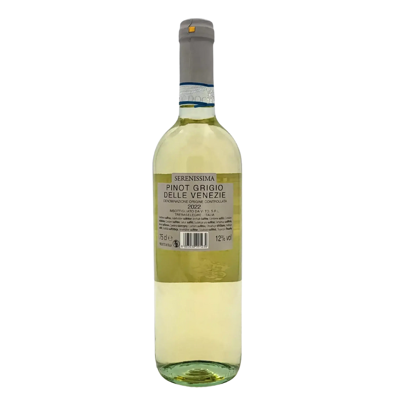 Bouteille de Pinot Grigio delle Venezie Serenissima 75cl, vin blanc italien sec avec étiquette détaillée.