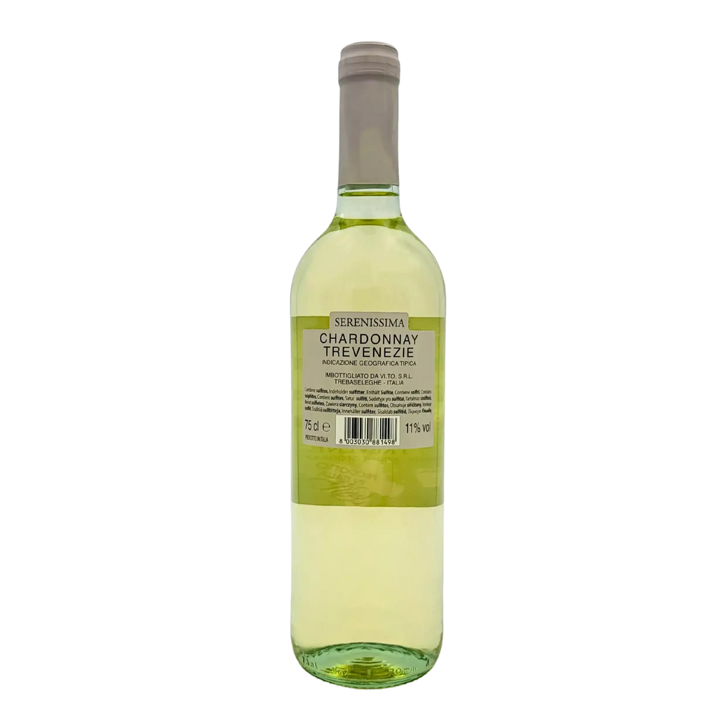 Bouteille de Chardonnay Trevenezie IGT Serenissima 75cl, vin blanc italien avec étiquette descriptive.