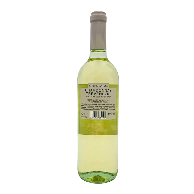 Bouteille de Chardonnay Trevenezie IGT Serenissima 75cl, vin blanc italien avec étiquette descriptive.