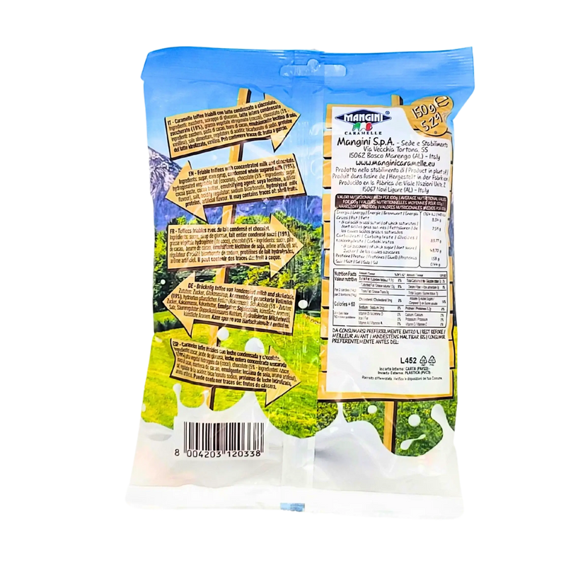 Dos du paquet Caramel au Lait Mangini Toffee Chocolat 150 g, avec informations nutritionnelles et décor panoramique.