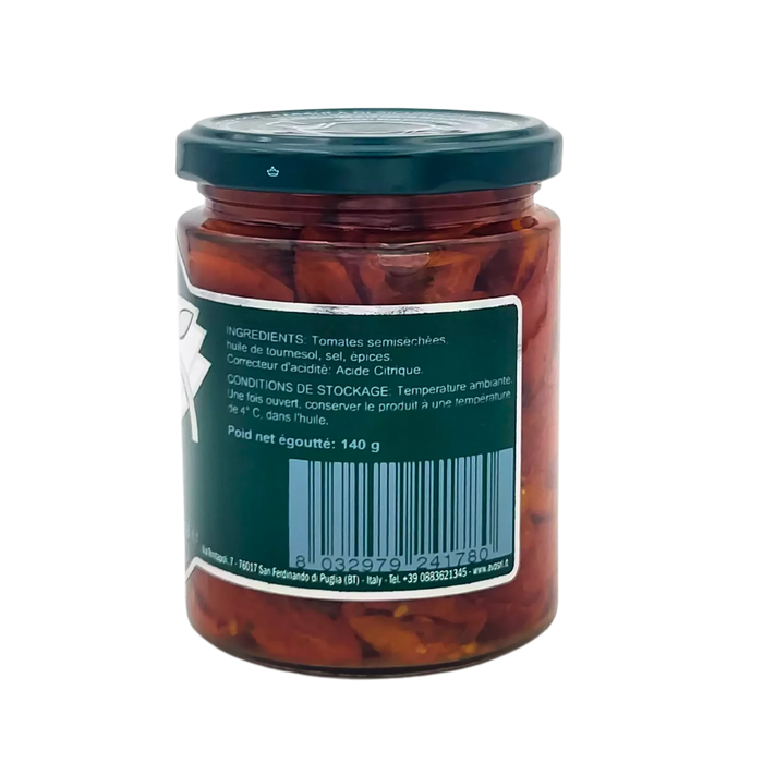 Bocal de tomates semi-séchées à l'huile Antica Valle d'Ofanto 280g avec liste d'ingrédients