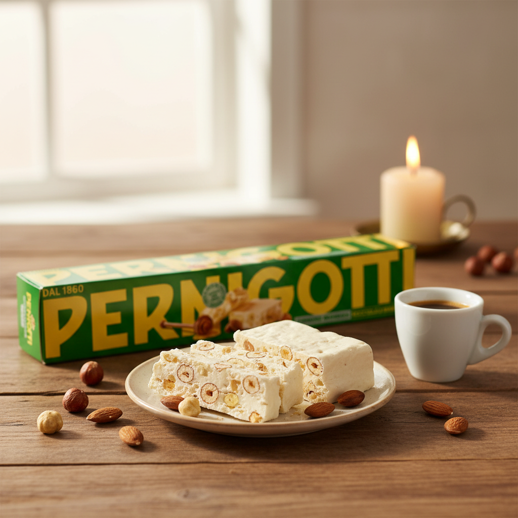 Torrone Morbido Pernigotti - Noisettes & Amandes (235 g) – mise en scène générée par IA à partir de la photo du produit