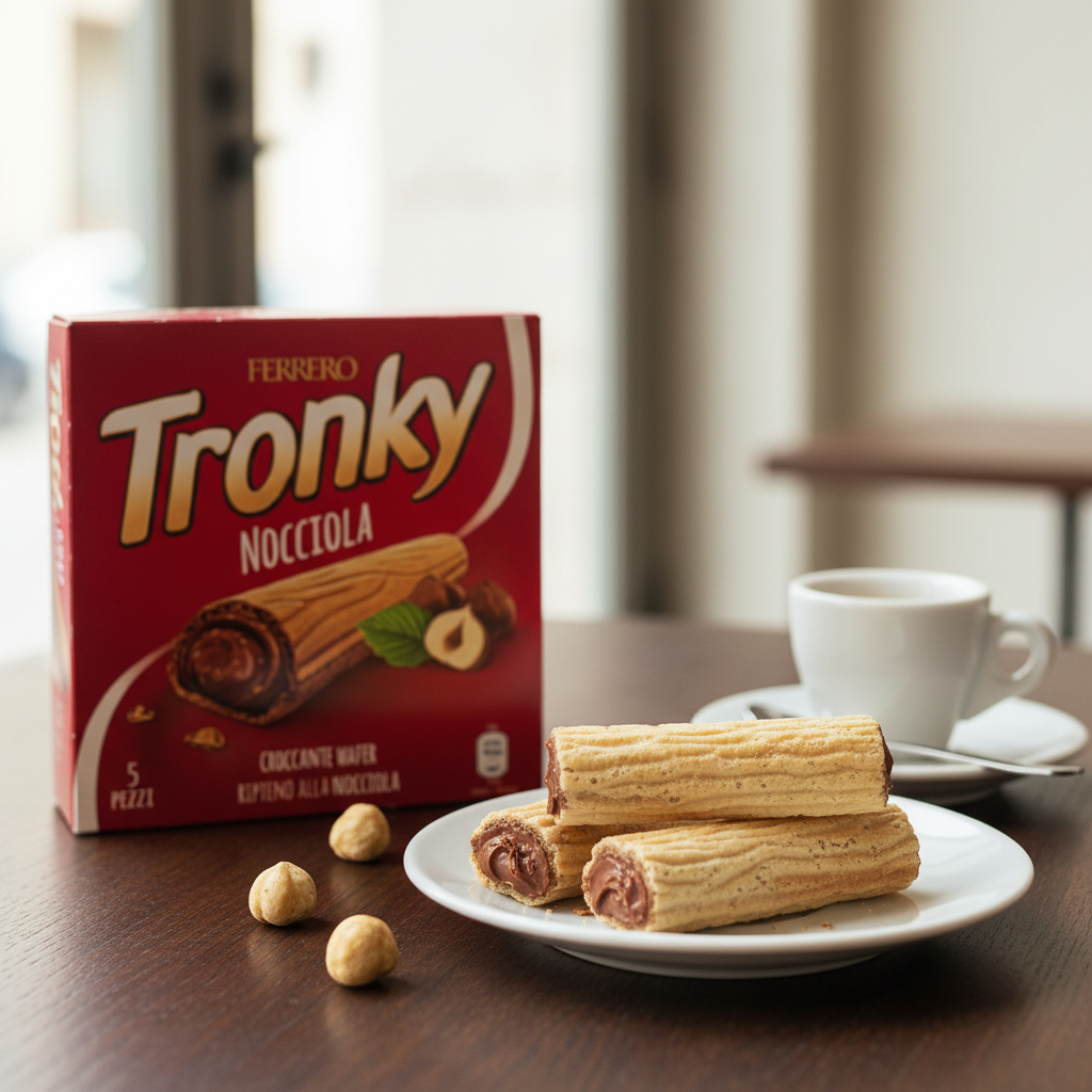 Tronky Ferrero – Gaufrettes fourrées à la noisette (90 g) – mise en scène générée par IA à partir de la photo du produit