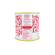 Dos de la boîte Amarena Toschi 2,7 kg, tableau nutritionnel et visuel de présentation.