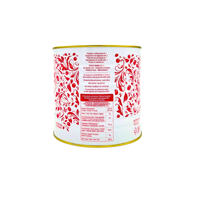 Dos de la boîte Amarena Toschi 2,7 kg, tableau nutritionnel et visuel de présentation.