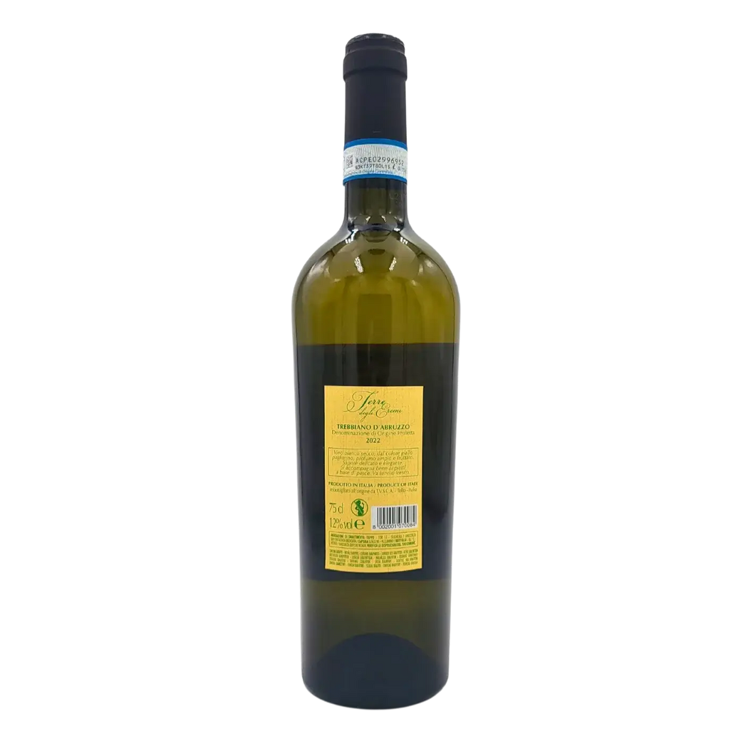 Flasche italienischer trockener Weißwein Trebbiano d'Abruzzo 75cl, detaillierte Etikette von hinten gesehen.