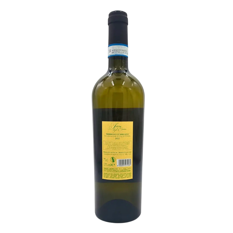 Bouteille de vin blanc sec italien Trebbiano d'Abruzzo 75cl, étiquette détaillée vue de l'arrière.