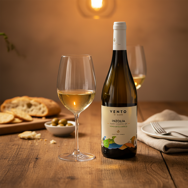 Vin Blanc Sicile Bio Vento di Mare - Inzolia Terre Siciliane (75CL) - en situation d'usage