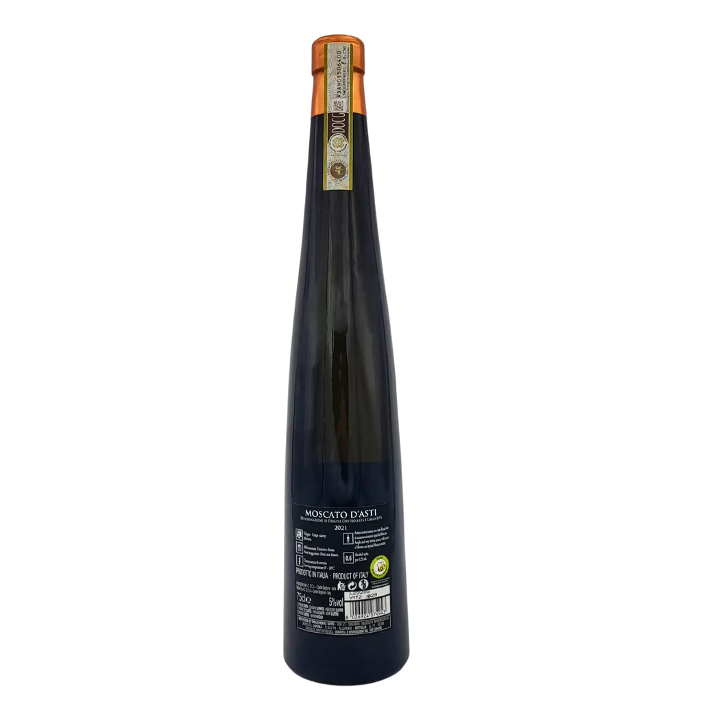Bottle of Moscato d'Asti D.O.C.G Alte Rocche Bianche 75cl, Italian sparkling wine with label.