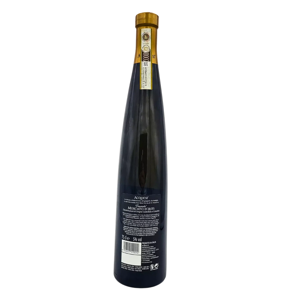 Dos de la bouteille de Moscato d’Asti Casarito Acquesi 75 cl, vin pétillant italien révélant des arômes délicats de fleurs et de fruits.