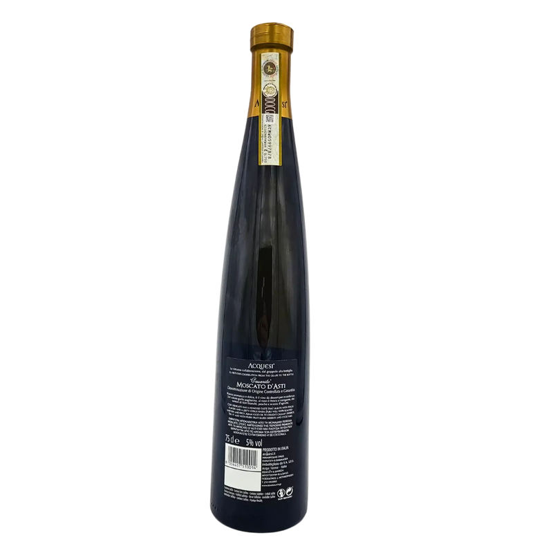 Dos de la bouteille de Moscato d’Asti Casarito Acquesi 75 cl, vin pétillant italien révélant des arômes délicats de fleurs et de fruits.