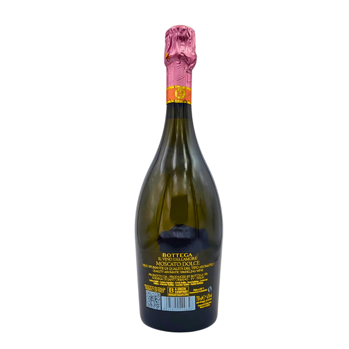 Bouteille de vin Moscato Doux Il Vino Dell'Amore 75cl avec étiquette arrière indiquant les informations de production