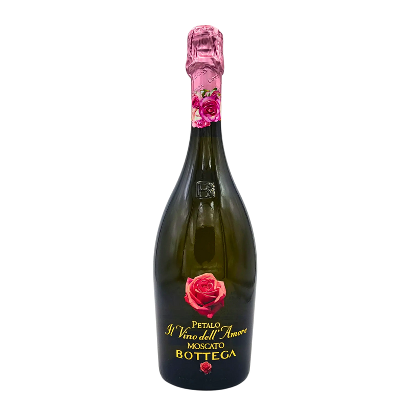 Bouteille de Moscato Bottega Petalo Il Vino dell'Amore 75cl, vin pétillant doux italien avec décoration florale rouge.