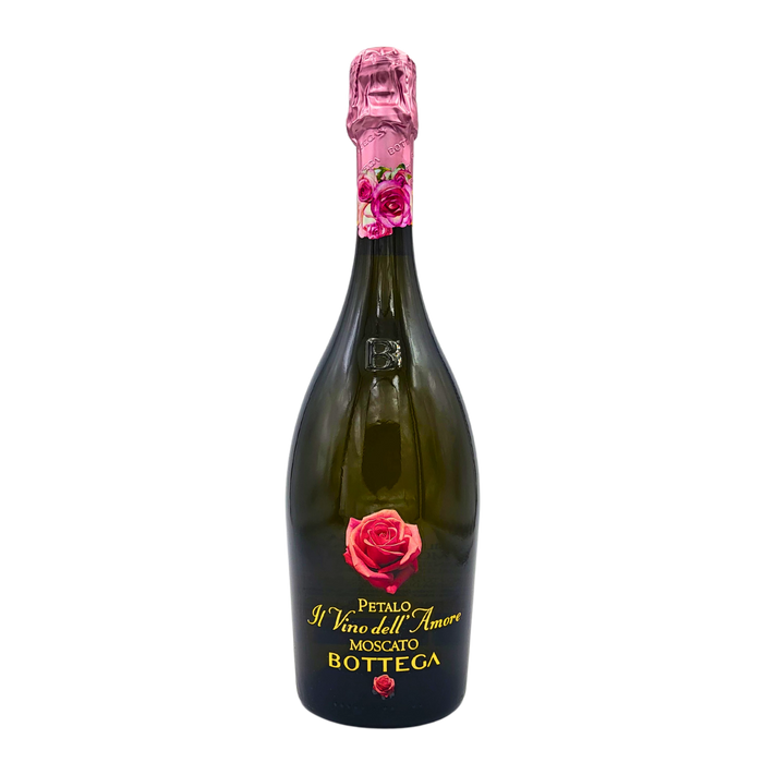 Bouteille de 75cl de vin pétillant Moscato Doux Il Vino Dell'Amore de Bottega, vue avant avec emballage rose