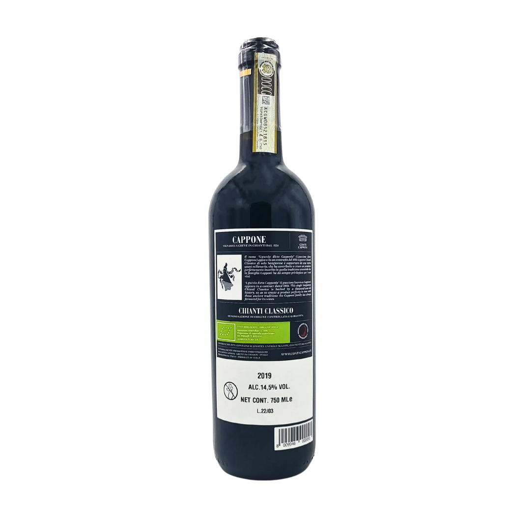 Achteraanzicht van de fles Chianti Classico Cappone DOCG Bio 75 cl – Biologische Toscaans rode wijn