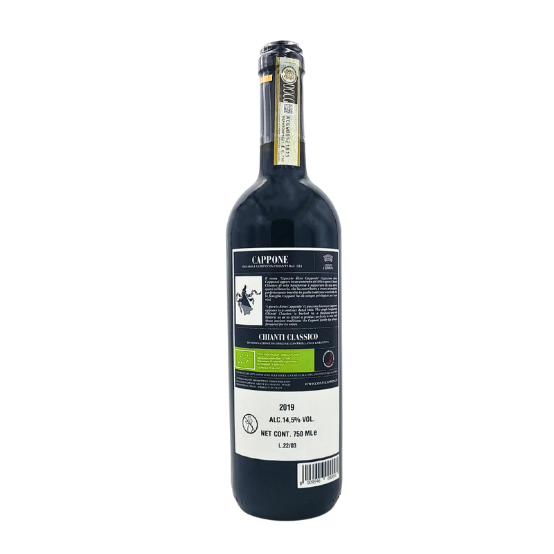 Vue arrière de la bouteille de Chianti Classico Cappone DOCG Bio 75 cl – Vin rouge toscan biologique