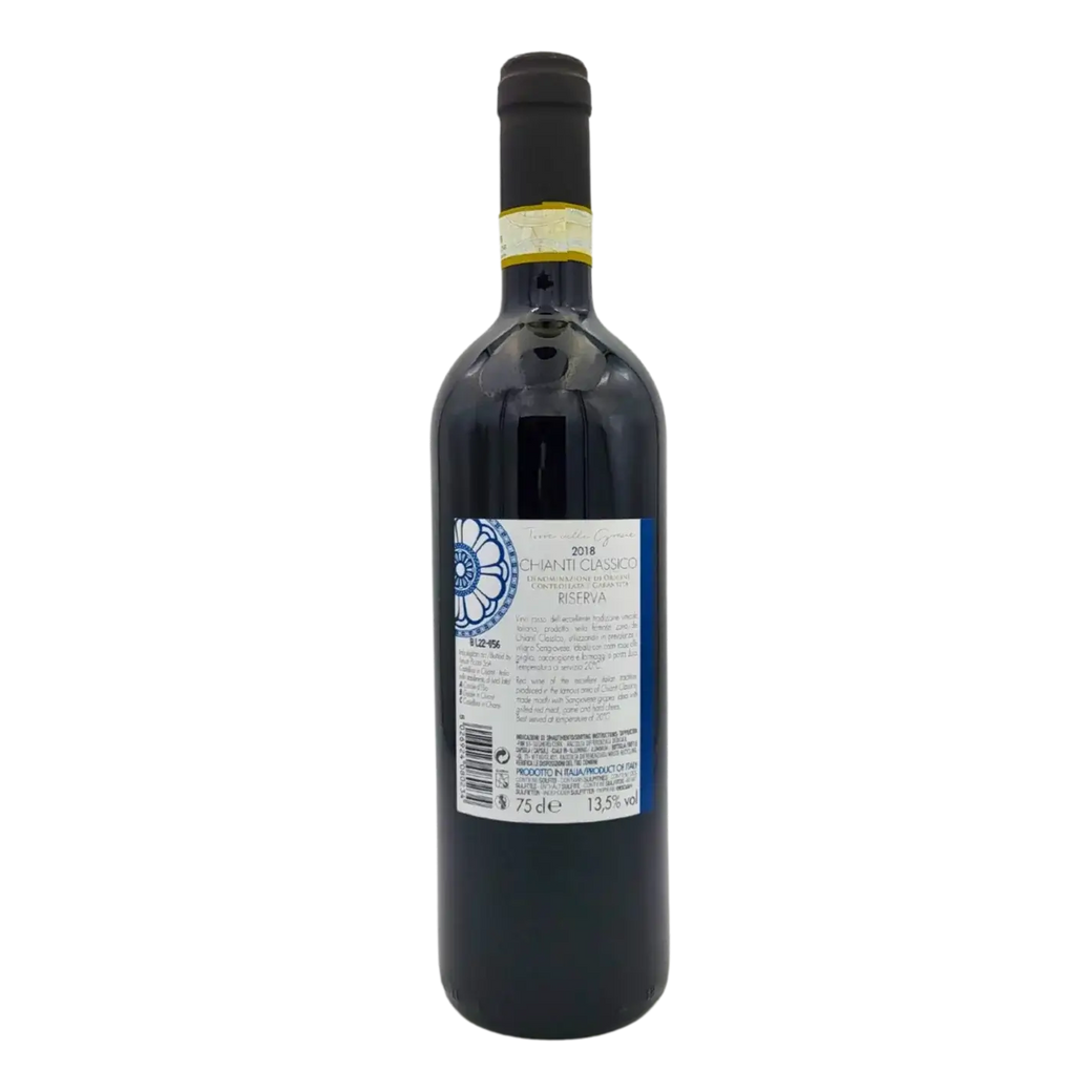 Bouteille de Vin Rouge Chianti Classico Riserva DOCG 2018, 75cl, avec étiquette détaillée, arrière-plan blanc.