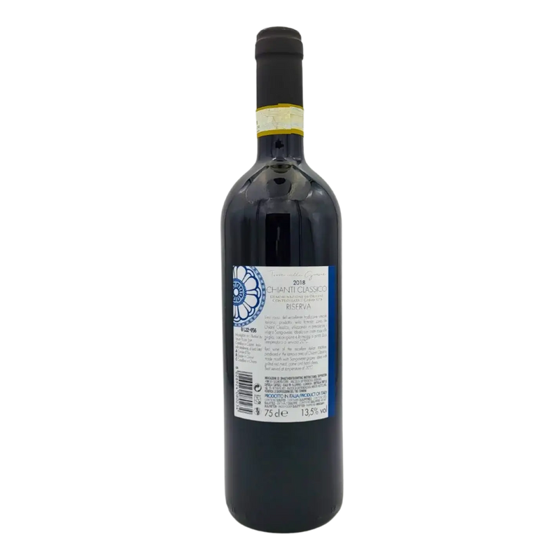 Bouteille de Vin Rouge Chianti Classico Riserva DOCG 2018, 75cl, avec étiquette détaillée, arrière-plan blanc.