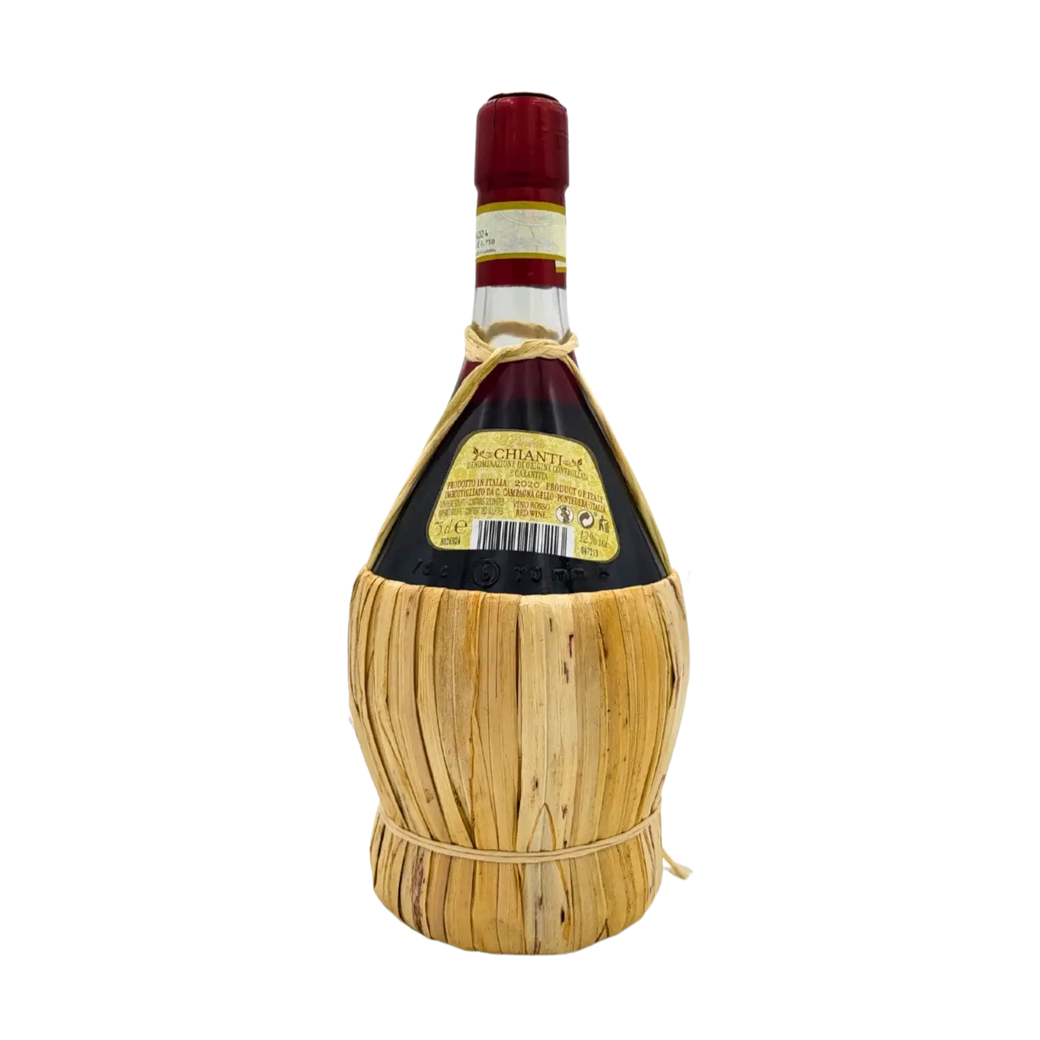 Fles Chianti DOCG Toscane in een strokenfles, Italiaanse rode wijn van 75cl met authentiek etiket.