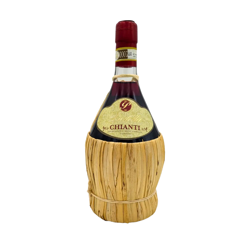 Bouteille de Vin Chianti DOCG Toscane en fiasque en paille de 75cl, rouge italien avec étiquette dorée.