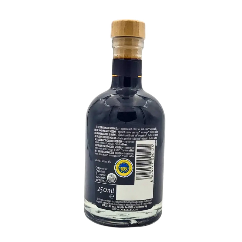 Dos de la bouteille de vinaigre balsamique de Modène IGP Ortalli 250 ml avec informations nutritionnelles et label IGP