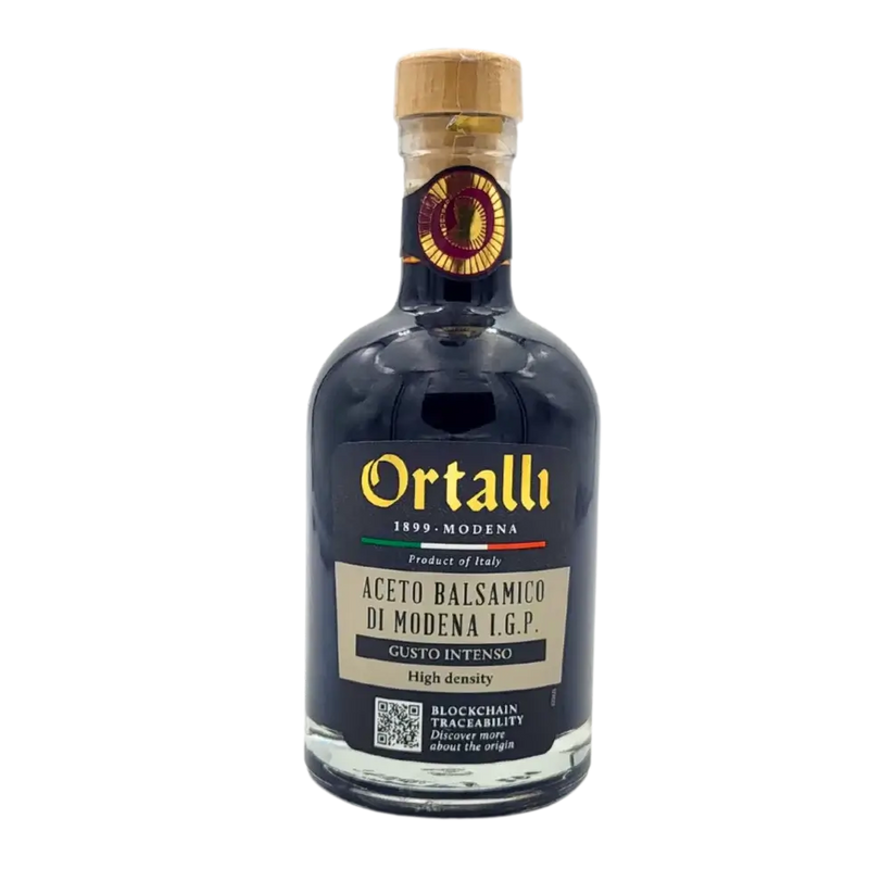 Bouteille de vinaigre balsamique de Modène IGP Ortalli 250 ml - Gusto Intenso, haute densité, étiquette noire et dorée