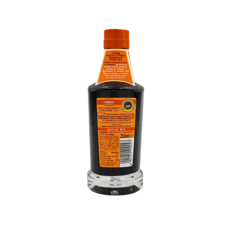 Vinaigre balsamique de Modène HD Ponti 250ml - vue arrière avec informations nutritionnelles et ingrédients