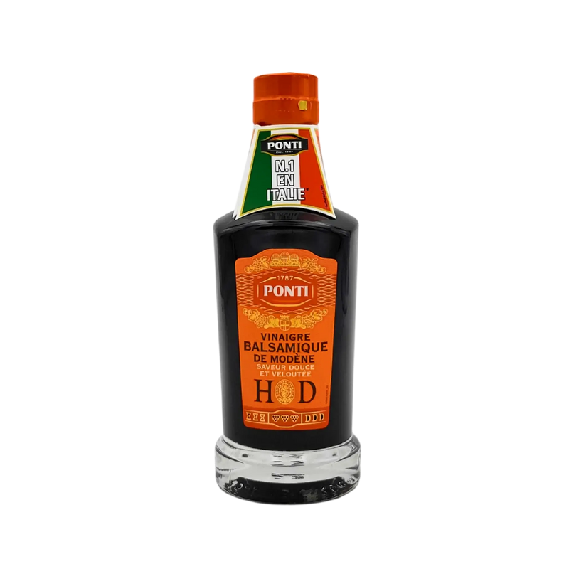 Vinaigre balsamique de Modène HD Ponti 250ml - vue avant avec étiquette orange et mention Haute Densité