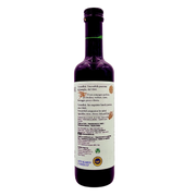 Vue latérale du vinaigre balsamique de Modène I.G.P. Carandini 500ml, avec texte de présentation de la maison Carandini et suggestions d'utilisation pour salades, viandes, fromages et fruits.