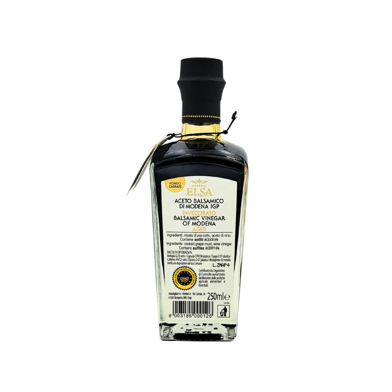 Étiquette arrière du vinaigre balsamique vieilli Acetaia Elsa 250ml – informations nutritionnelles, ingrédients et label IGP