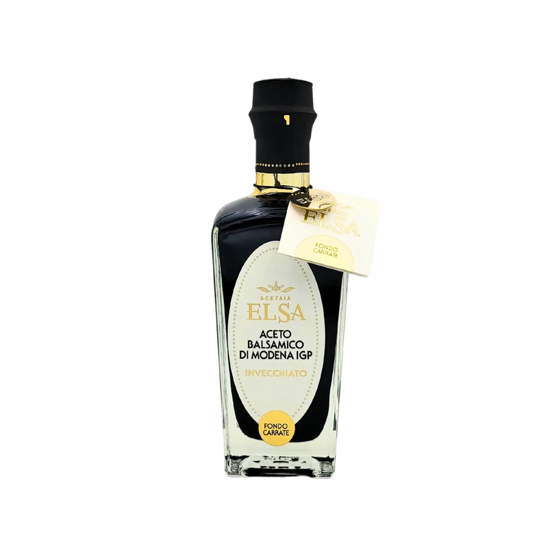 Bouteille de vinaigre balsamique de Modène IGP vieilli Acetaia Elsa 250ml – étiquette élégante noire et dorée avec médaillon central