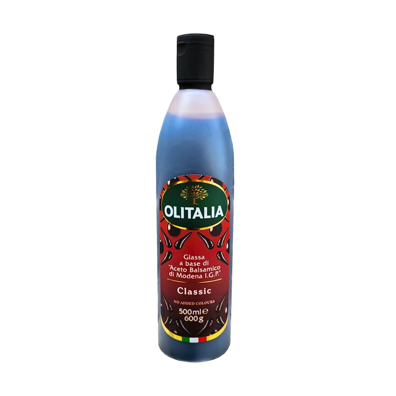 Bouteille de vinaigre balsamique Olitalia Classic 500ml - Face avant avec étiquette rouge et logo