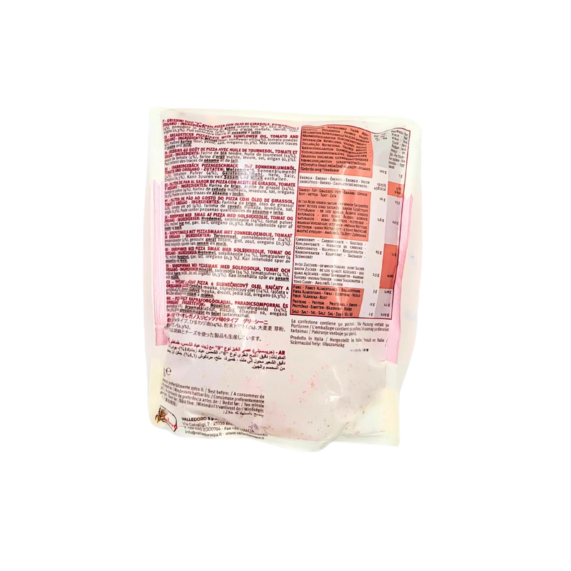 Ingrédients et informations nutritionnelles des Zufì Mini Grissini goût pizza, Valledoro, 100g, made in Italy.
