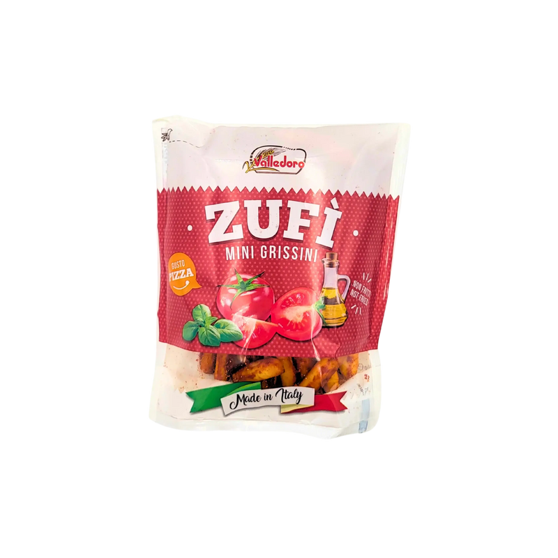 Snack Zufì Mini Grissini goût pizza, Valledoro, 100g, spécialité italienne à base de tomate, basilic et huile d’olive.