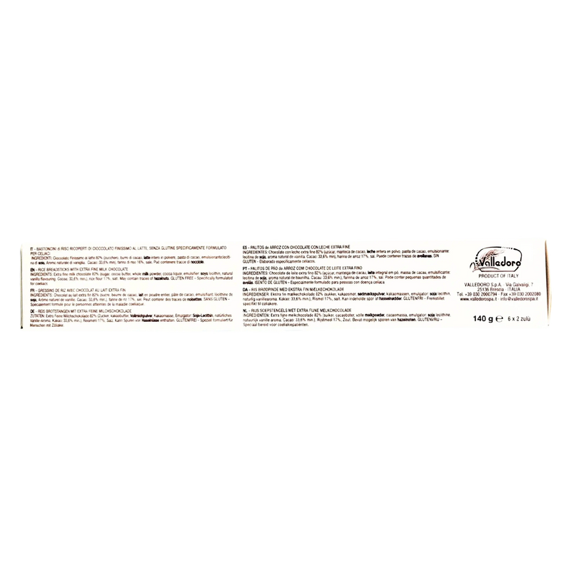 Emballage arrière du biscuit sans gluten Zulu Bastoncini di Riso chocolat au lait, 140g.