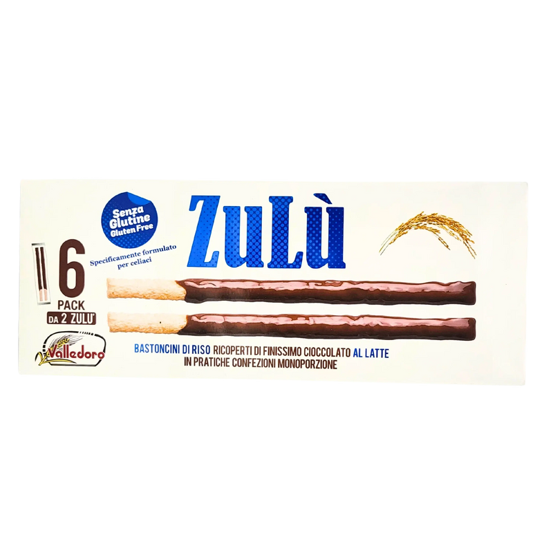 Biscuit sans gluten Zulu Bastoncini di Riso chocolat au lait 140g, emballage de 6 unités, sans gluten, croquant et savoureux.