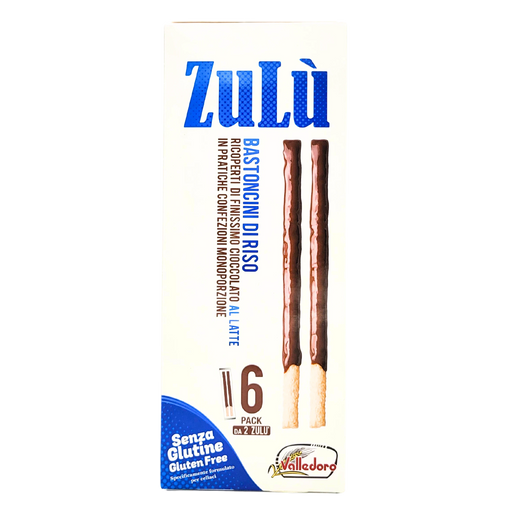 Vue avant de la boîte Zulu, bâtonnets de riz enrobés de chocolat au lait, sans gluten, en format 140g