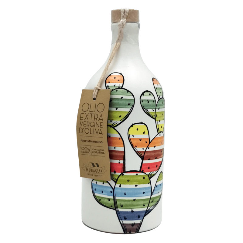 Bouteille d'huile d’olive extra vierge Cactus Muraglia 50cl, design cactus arc-en-ciel, méditerranéenne et légèrement fruitée.