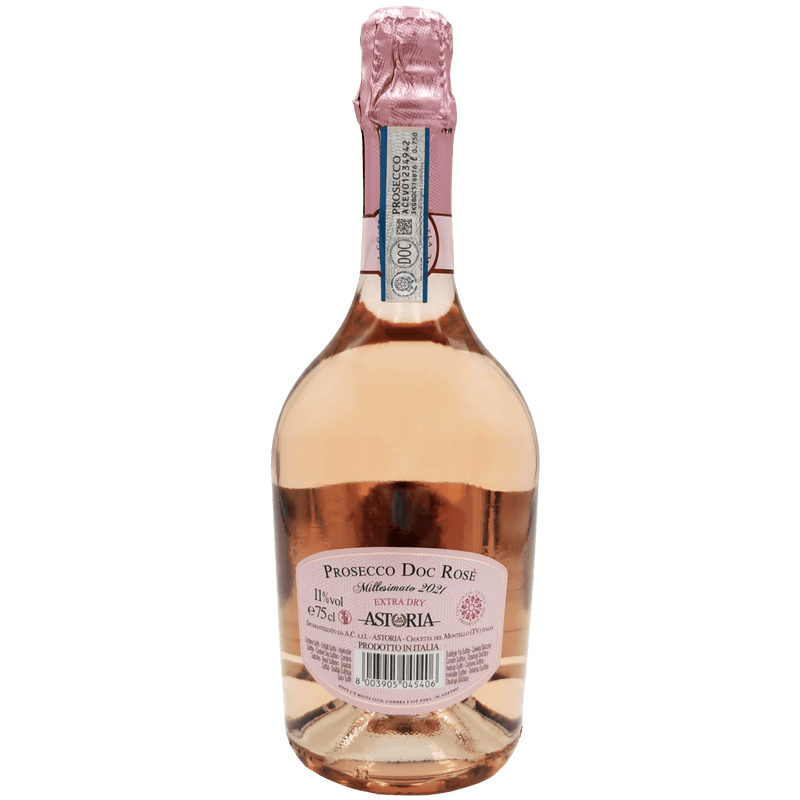 Prosecco Rosé Astoria 75cl - Détail de la bouteille avec étiquette et bulles fines.