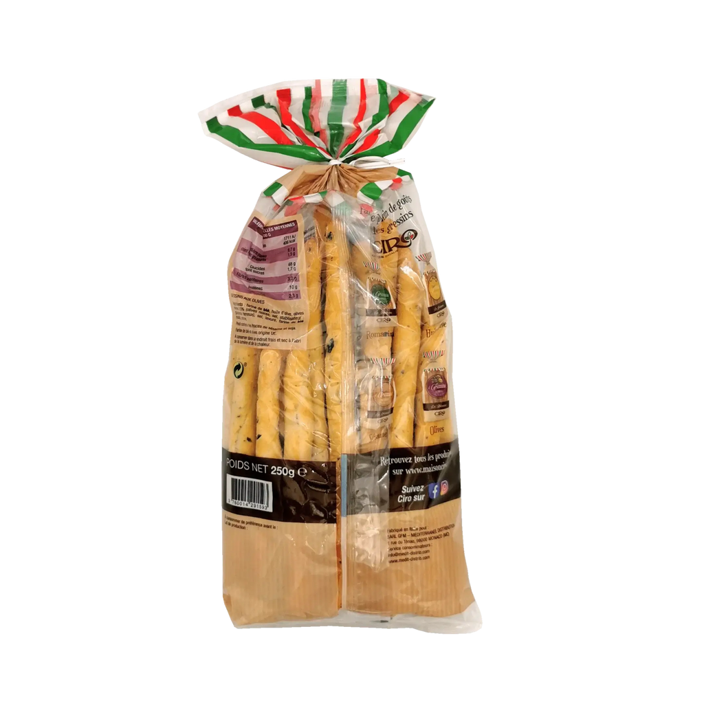 Verpakking van gressin olive Ciro 250g met krokante smaak en mediterraan aroma, ambachtelijke gressin ideaal voor het aperitief.