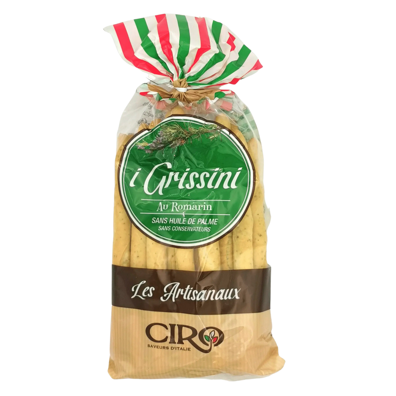 Emballage de gressin romarin artisanal Ciro 250g, bâtonnets croquants italiens au romarin frais.