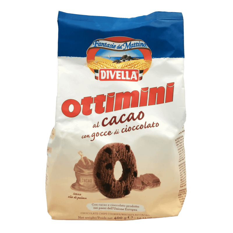Paquet de 400 g de cookie chocolat Divella Ottimini, avec cacao et pépites de chocolat – un délicieux cookie chocolat italien.