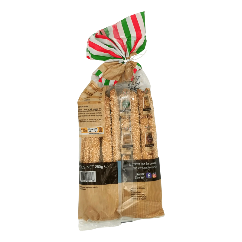Emballage de gressin sésame italien 250g avec graines de sésame dorées, croquant et artisanal.