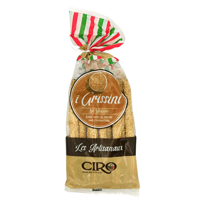Paquet de gressin sésame artisanaux Ciro 250g, authentiques et croustillants, illustrant le savoir-faire italien.