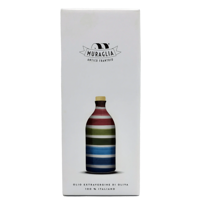 Huile d’Olive Extra Vierge Cactus 50cl Muraglia, bouteille élégante aux rayures colorées, saveur méditerranéenne authentique.