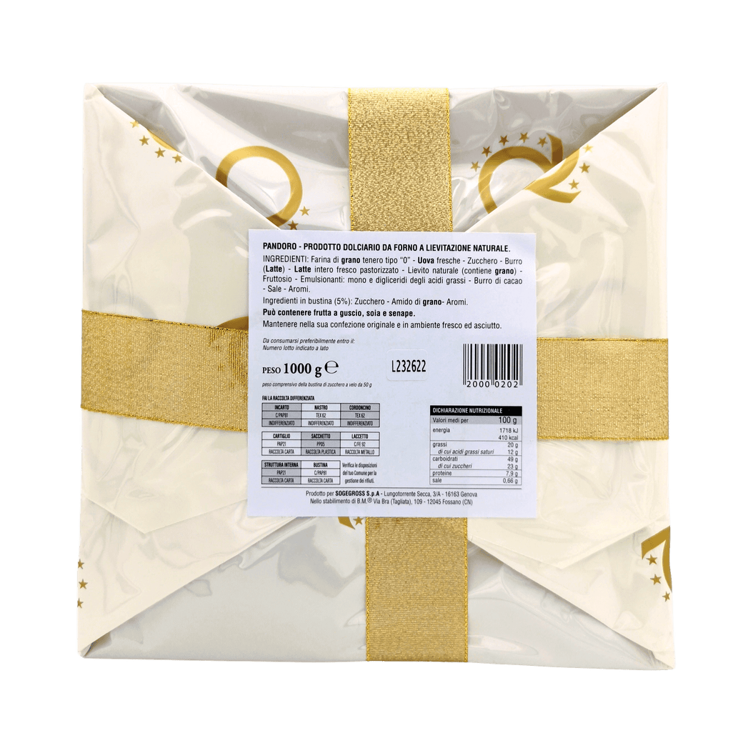 Hand-wrapped natural sourdough pandoro 1kg, vanilla-flavored Christmas dessert from Verona, authentic product.