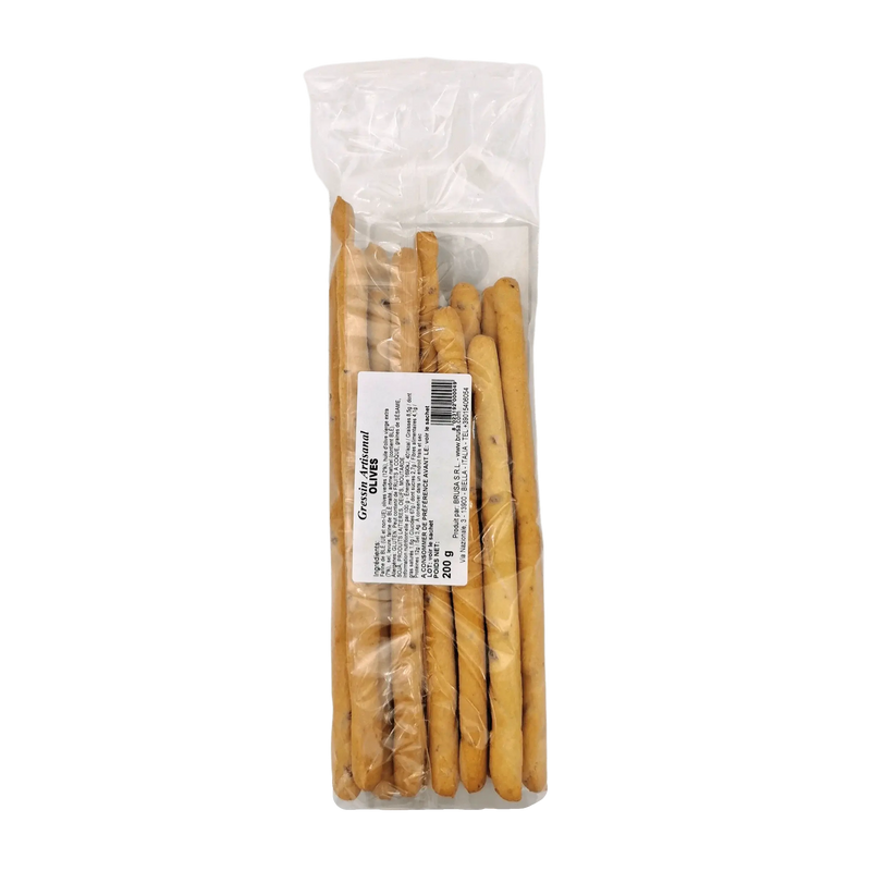 Paquet de gressin olive Brusa 200g – spécialité piémontaise croquante avec olives, dans un emballage transparent.